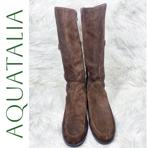 AQUATALIA SUEDE LEATHER KNEE BOOTS LOW WEDGE CHOCOLATE BROWN, Size 38 - Picture 5 of 14